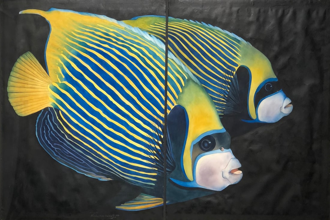Mark MacQuiddy "Angels" (Tropical Angel Fish) Signed Original Watercolor: Offered here is an original Watercolor on Paper by Mark MacQuiddy: "Mark MacQuiddy "Angels" (Tropical Angel Fish) Signed Original Watercolor". This one-of-a-kind piece, measuring 34 x 49 x 2 inch, is