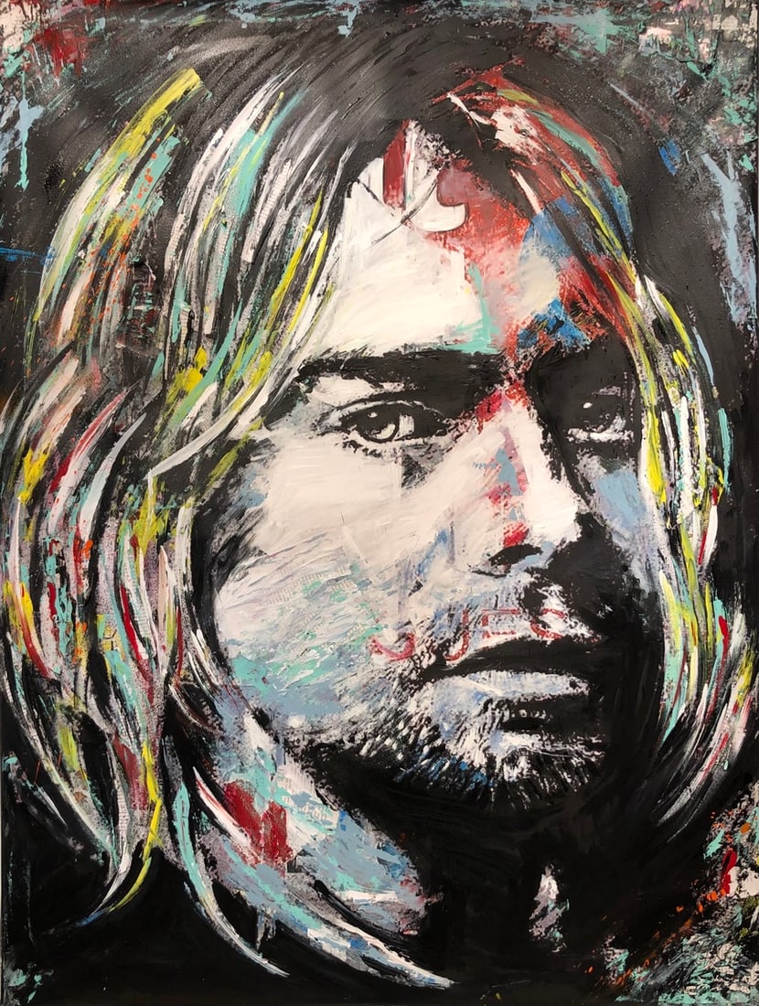 Yasemen Asad "Kurt Cobain" Signed Original: Offered here is an original Oil and Acrylic (Mixed Media) on Canvas by Yasemen Asad: "Yasemen Asad "Kurt Cobain" Signed Original". This one-of-a-kind piece, measuring 48 x 36 x 2 inch, is a rare