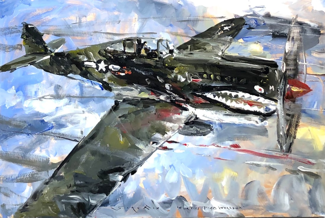 Jorn Fox "Curtiss P40-Warhawk" Signed Original Acrylic: Offered here is an original Acrylic on Board by Jorn Fox: "Jorn Fox "Curtiss P40-Warhawk" Signed Original Acrylic". This one-of-a-kind piece, measuring 24 x 36 x 2 inch, is a rare opportunity for coll