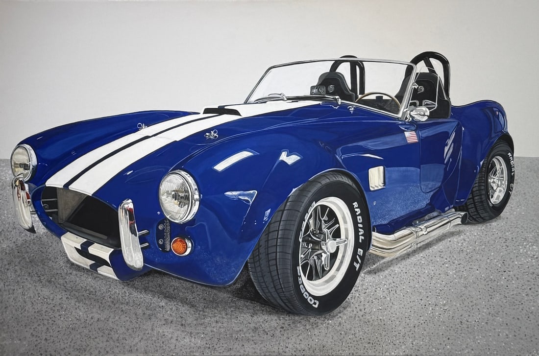 Michelle Michael "1965 Shelby Cobra 427 S/C" Original acrylic on canvas: Offered here is an original Original acrylic on canvas by Michelle Michael: "Michelle Michael "1965 Shelby Cobra 427 S/C" Original acrylic on canvas". This one-of-a-kind piece, measuring 24 x 36 x 1 i