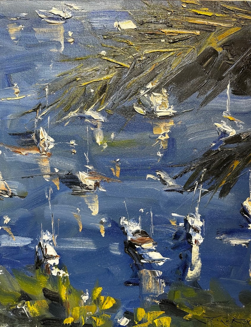 Jorn Fox "Boats Through The Palm" Impressionist Signed Oil and Acrylic on Canvas: Offered here is an original Acrylic on Canvas by Jorn Fox: "Jorn Fox "Boats Through The Palm" Impressionist Signed Oil and Acrylic on Canvas". This one-of-a-kind piece, measuring 16 x 20 inch, is a ra