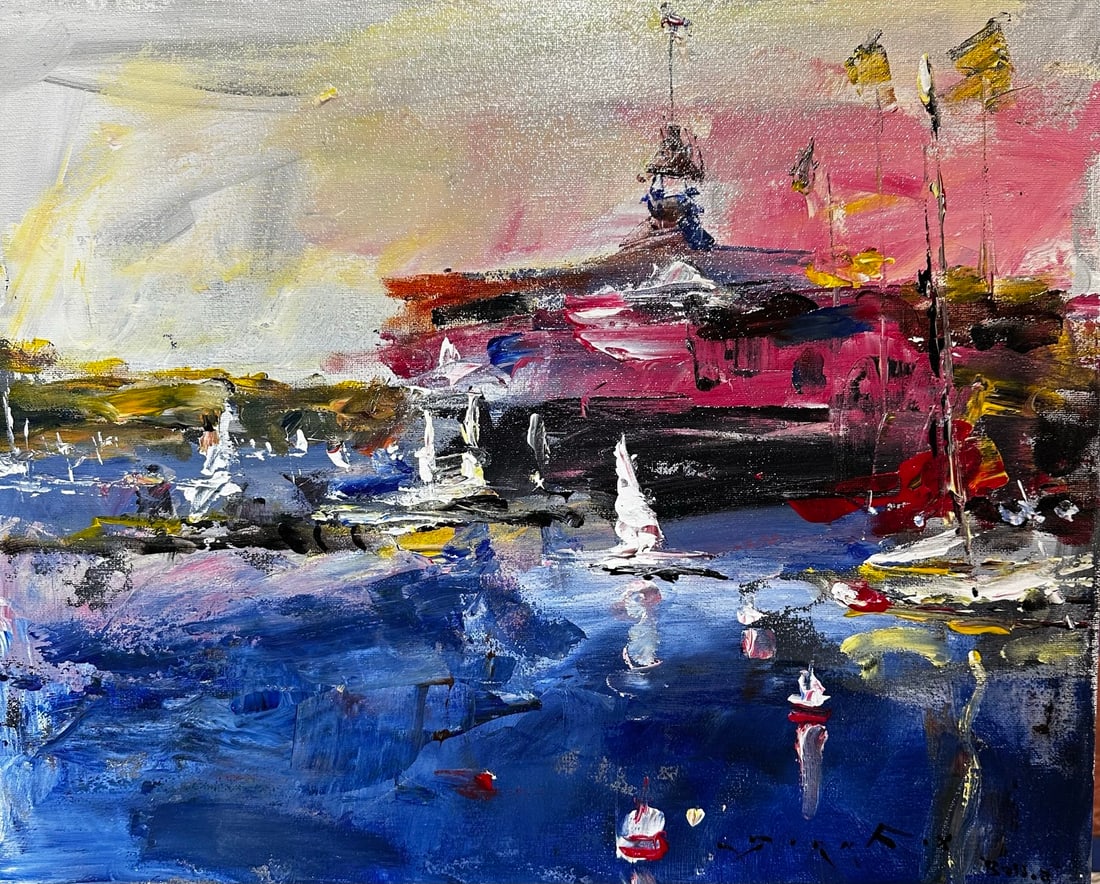 Jorn Fox "Balboa Pavilion in Red" Impressionist Signed Oil and Acrylic on Canvas: Offered here is an original Acrylic on Canvas by Jorn Fox: "Jorn Fox "Balboa Pavilion in Red" Impressionist Signed Oil and Acrylic on Canvas". This one-of-a-kind piece, measuring 16 x 20 inch, is a ra
