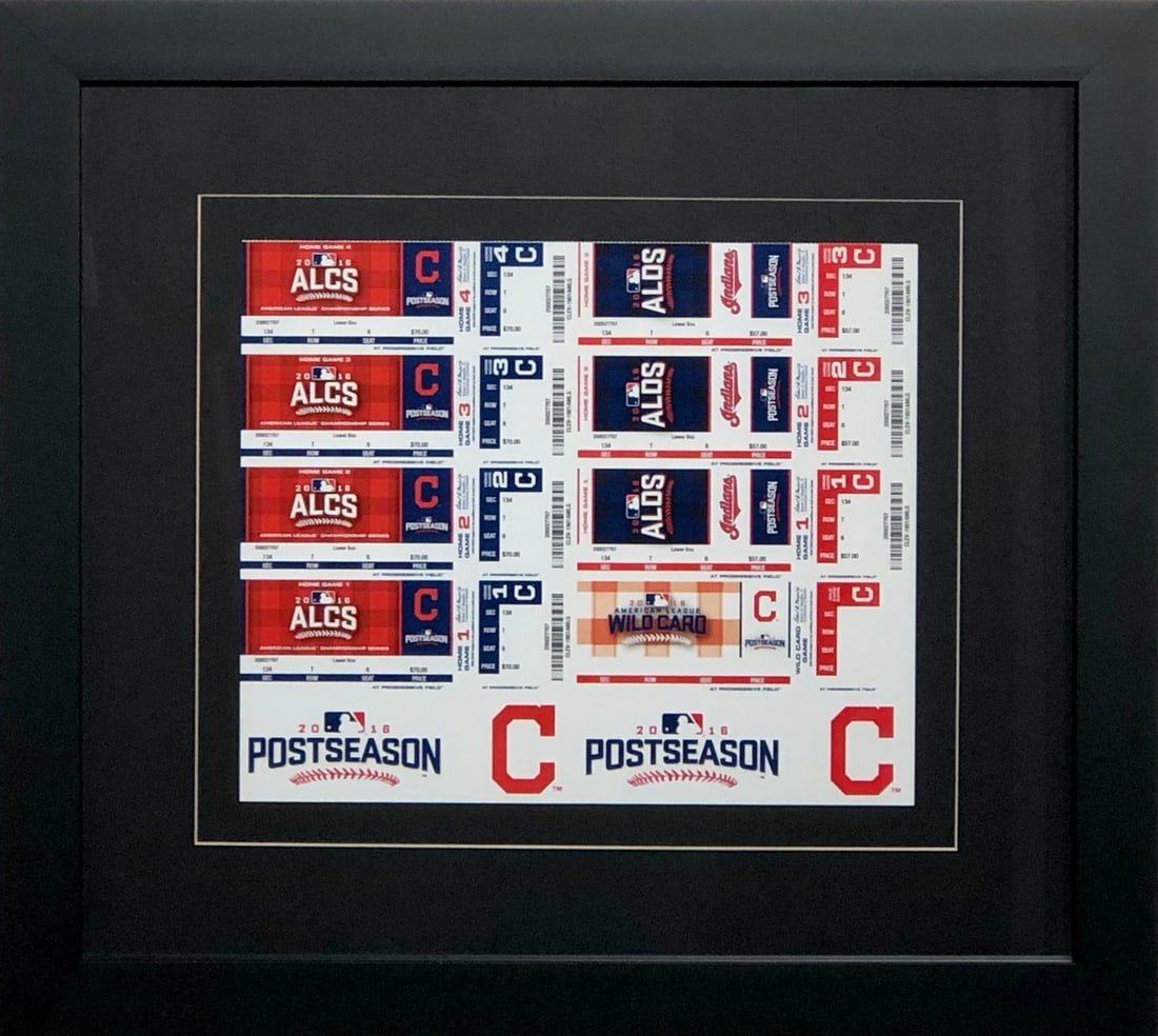 2016 Cleveland Indiains Postseason Playoff Tickets ALDS & ALCS: Title: 2016 Cleveland Indiains Postseason Playoff Tickets ALDS & ALCS Medium: Framed Uncut Sheet of Playoff Tickets Art Dimensions: 19 x 21 x 2 inch Item Attributes & Specifics: Framing: Framed