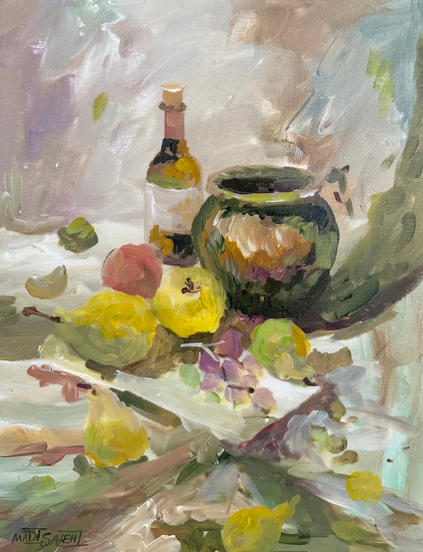 Madi Salehi "Still Life" acrylic on canvas board: Offered here is an original Original acrylic on canvas board by Madi Salehi: "Madi Salehi "Still Life" acrylic on canvas board". This one-of-a-kind piece, measuring 11 x 14 inch, is a rare opportunity