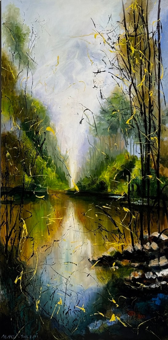 Madi Salehi (Untitled - Landscape) Signed Original Acrylic: Offered here is an original Acrylic on Canvas by Madi Salehi: "Madi Salehi (Untitled - Landscape) Signed Original Acrylic". This one-of-a-kind piece, measuring 24 x 48 x 1 inch, is a rare opportunity