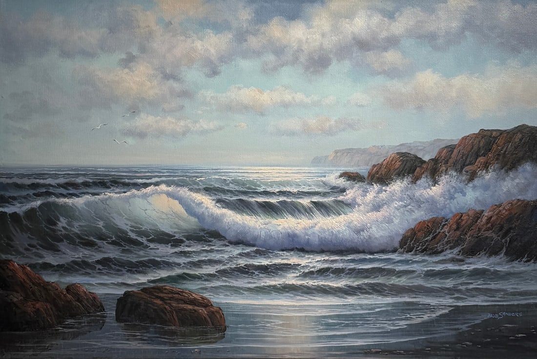 Bob Sanders (Seascape) Signed Original Oil: Offered here is an original Oil on Canvas by Bob Sanders: "Bob Sanders (Seascape) Signed Original Oil". This one-of-a-kind piece, measuring 24 x 36 x 1 inch, is a rare opportunity for collectors to ac