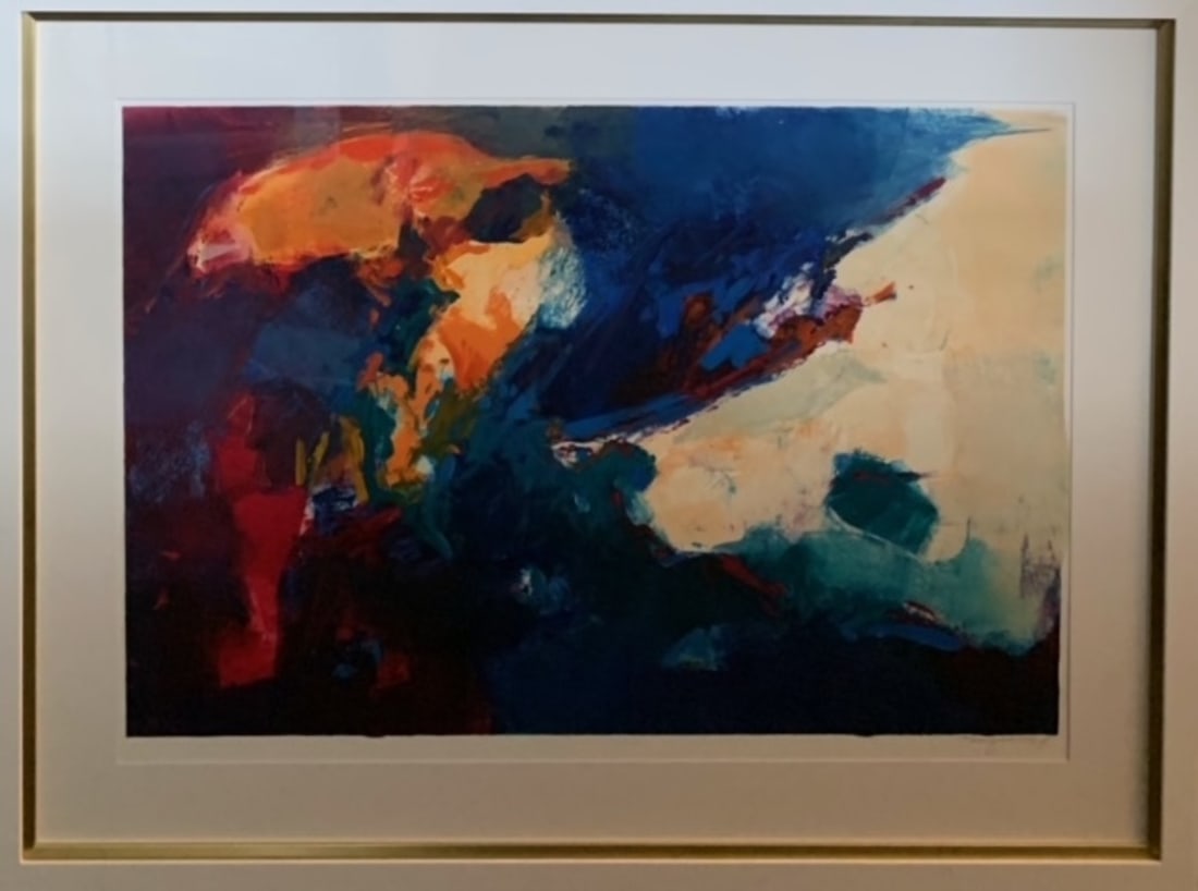 Michael Schofield Abstract Hand Pulled Mono Print: Presenting a Original Hand Pulled Mono Print, Signed by Michael Schofield: "Michael Schofield Abstract Hand Pulled Mono Print". This work, measuring 35 x 46 x 2 inch, is available now at auction on Li