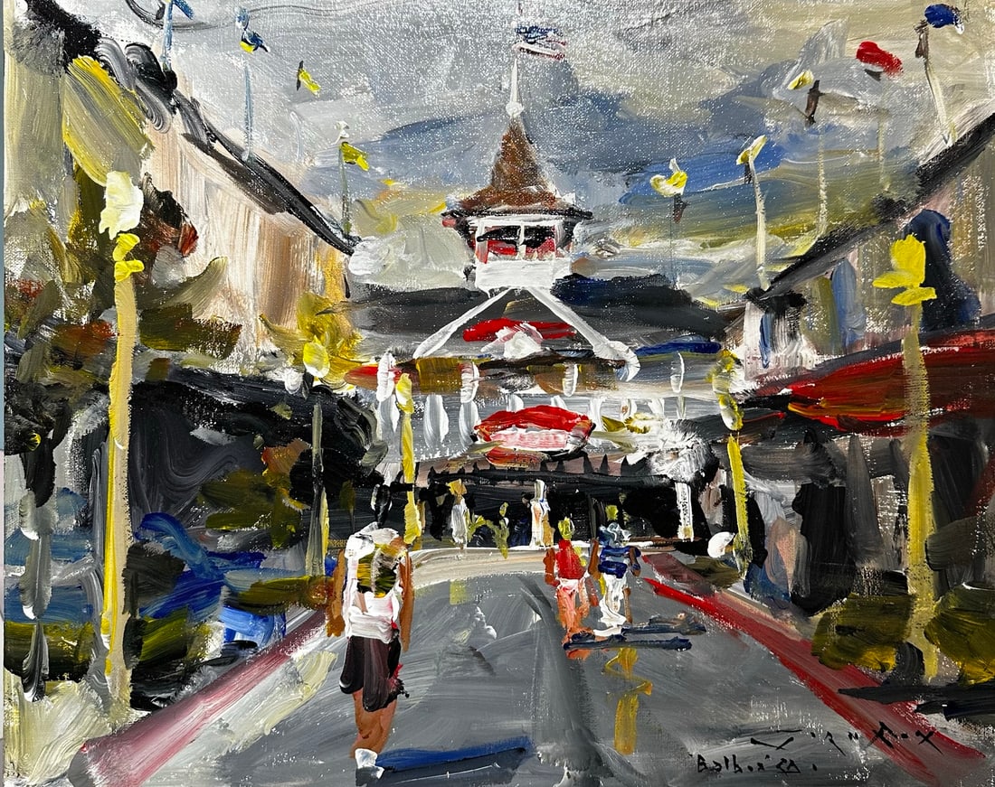 Jorn Fox Balboa Pavilion Walk" Impressionist Signed Original Oil on Board: Offered here is an original Acrylic on Board by Jorn Fox: "Jorn Fox Balboa Pavilion Walk" Impressionist Signed Original Oil on Board". This one-of-a-kind piece, measuring 16 x 20 inch, is a rare