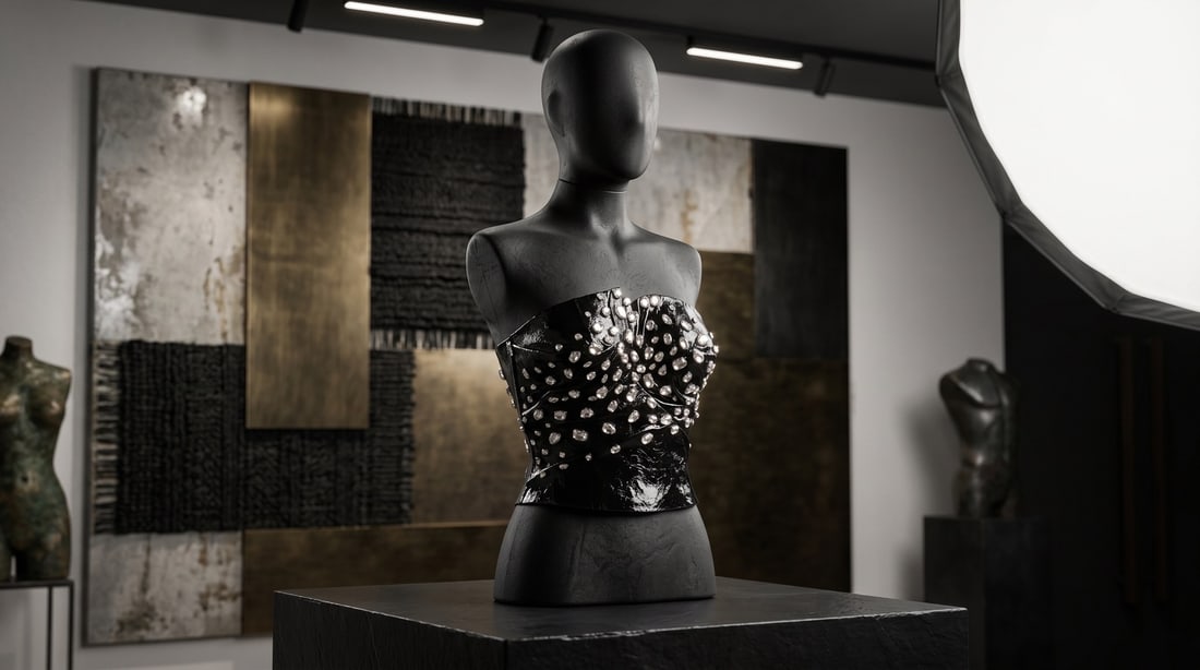 Mercedes Brunelli "Denim & Diamonds" Denim Fabric, Resin, Crystals, Rhinestones: Presenting this Mercedes Brunelli Sculpture: "Mercedes Brunelli "Denim & Diamonds" Denim Fabric, Resin, Crystals, Rhinestones". This piece, measuring 16 x 12 inch, is available at auction on