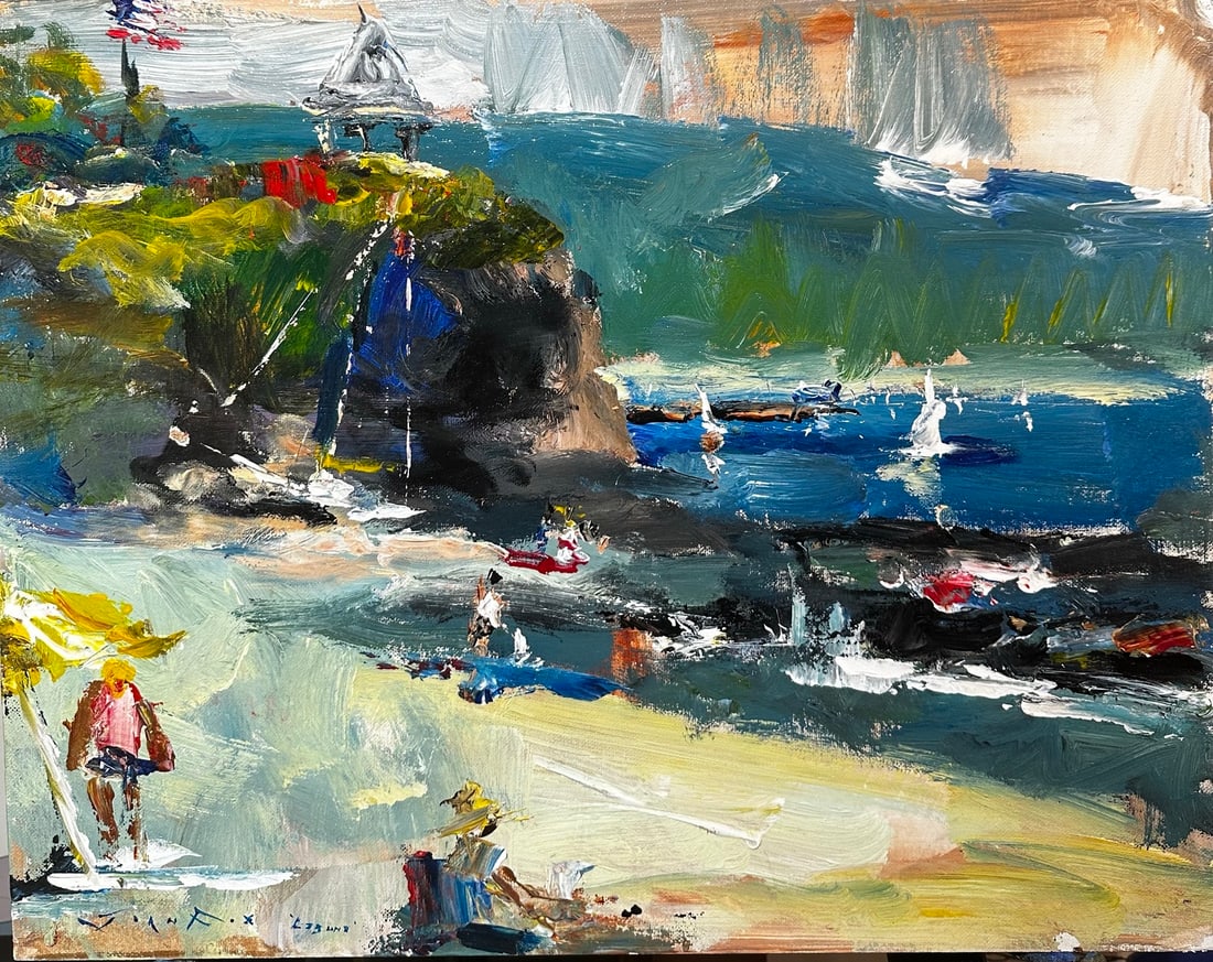 Jorn Fox "Laguna Summer Light" Impressionist Signed Oil and Acrylic on Board: Offered here is an original Acrylic on Canvas Board by Jorn Fox: "Jorn Fox "Laguna Summer Light" Impressionist Signed Oil and Acrylic on Board". This one-of-a-kind piece, measuring 16 x 20 inch, is a 