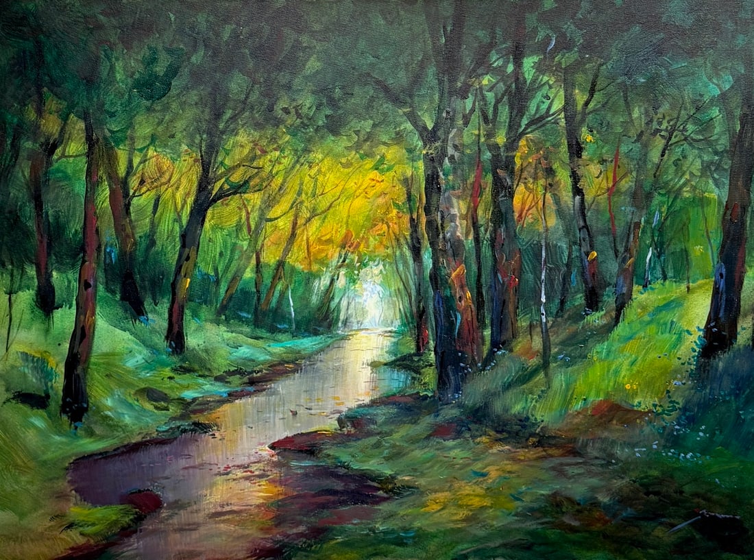 Michael Schofeild "Emerald Forest" Original: Offered here is an original Original acrylic on canvas by Michael Schofield: "Michael Schofeild "Emerald Forest" Original". This one-of-a-kind piece, measuring 30 x 40 x 1 inch, is a rare opportunity