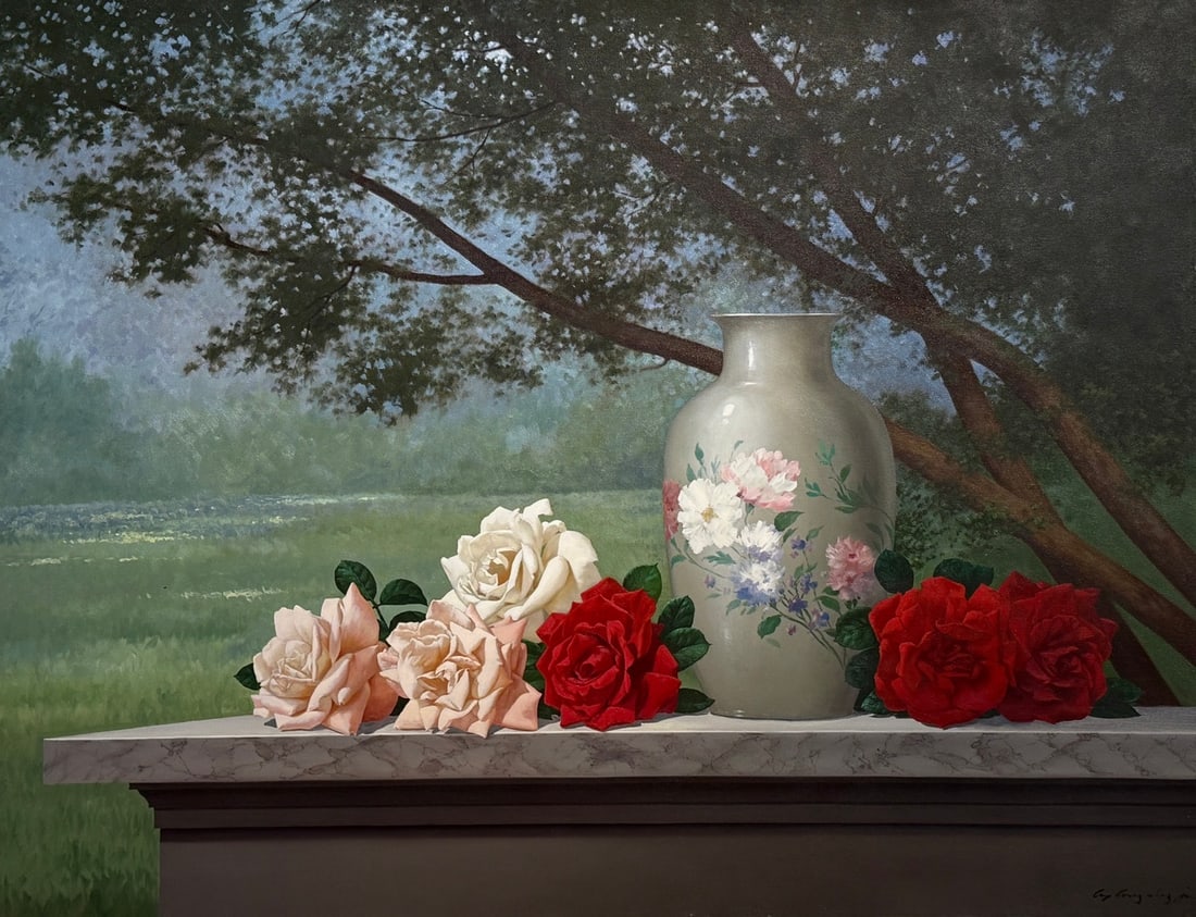 Felix "Lex" Gonzales Jr. Still Life Floral (Untitled) Original Oil: Offered here is an original Original Oil on Canvas by Felix (Lex) Gonzales: "Felix "Lex" Gonzales Jr. Still Life Floral (Untitled) Original Oil". This one-of-a-kind piece, measuring 30 x 40 x 1 inch,
