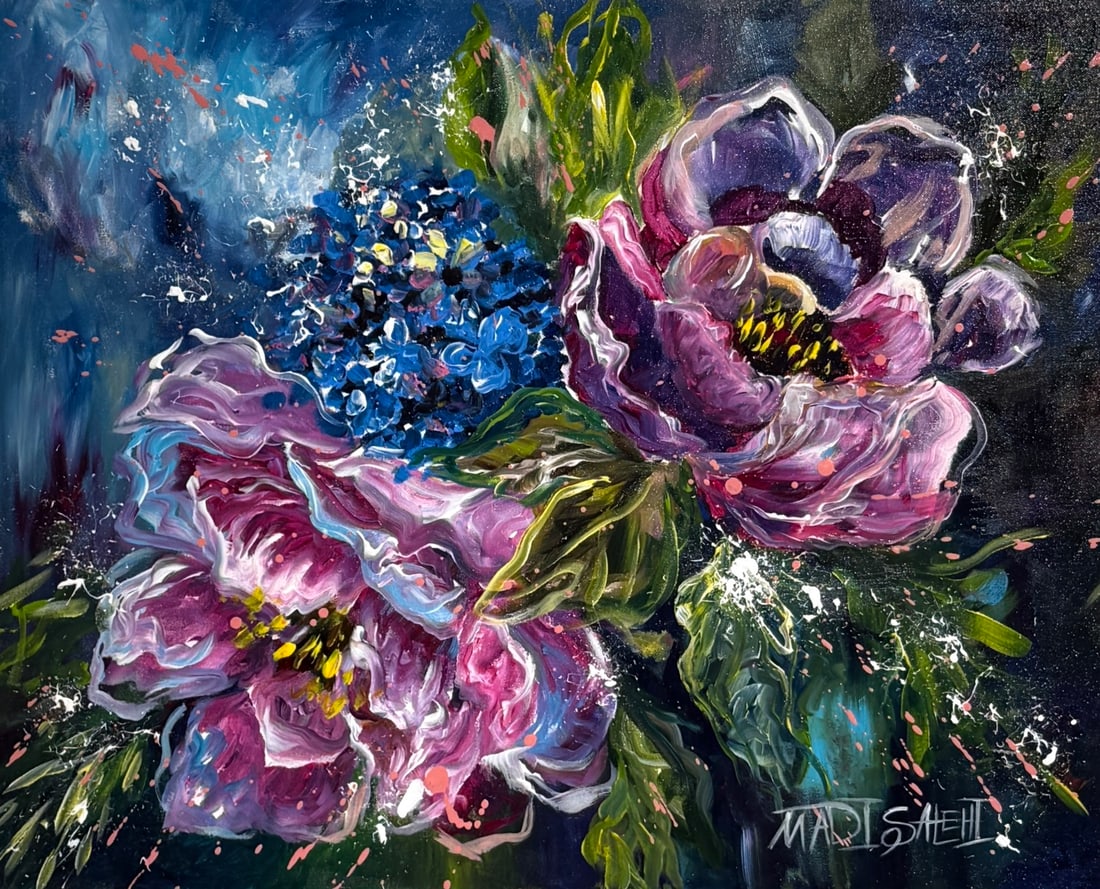 Madi Salehi (Untitled - Floral) Signed Original Acrylic: Offered here is an original Acrylic on Canvas by Madi Salehi: "Madi Salehi (Untitled - Floral) Signed Original Acrylic". This one-of-a-kind piece, measuring 24 x 30 x 1 inch, is a rare opportunity for