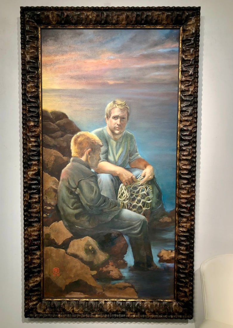 Unknown Artist (Father and Son) Signed Original Oil: Offered here is an original Oil on Canvas with Roma Frame by Unknown: "Unknown Artist (Father and Son) Signed Original Oil". This one-of-a-kind piece, measuring 69 x 39 x 2 inch, is a rare