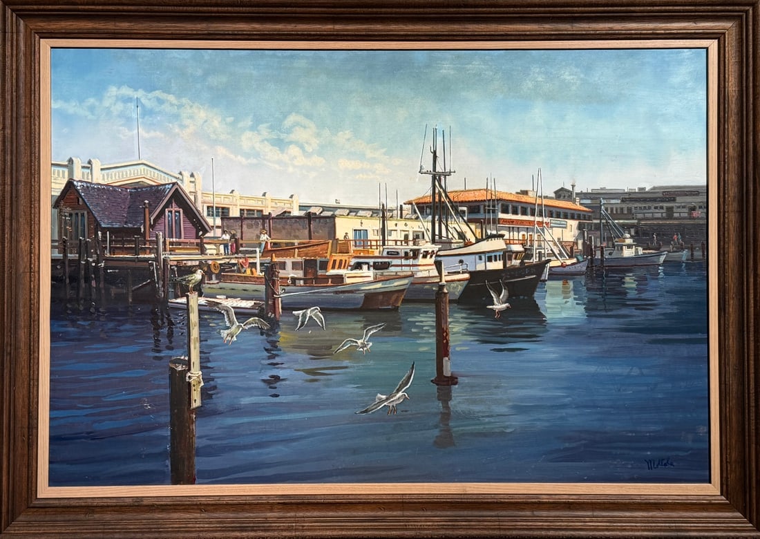 Filastro Mottola "Untitled (Fisherman Wharf)" Original Oil on Masonite: Offered here is an original Original Oil on Masonite by Filastro Mottola: "Filastro Mottola "Untitled (Fisherman Wharf)" Original Oil on Masonite". This one-of-a-kind piece, measuring 29 x 41 x 2