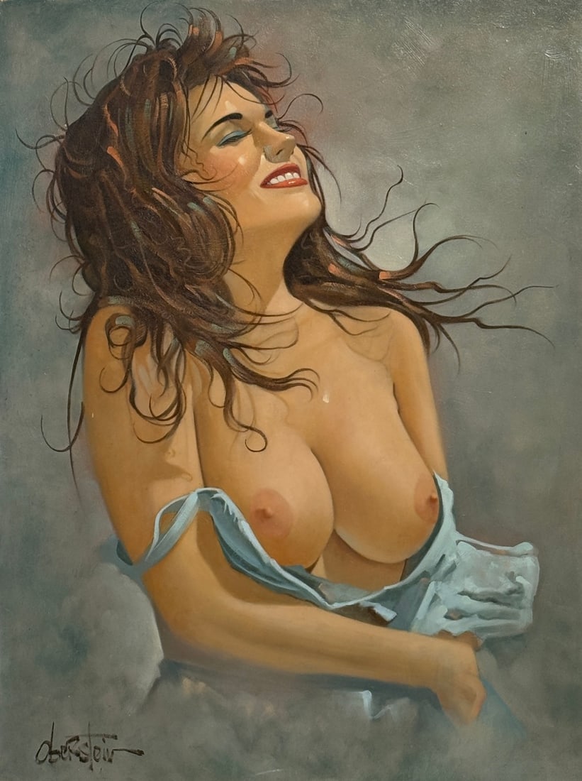 Chuck Oberstein "Brunette in the Blue Dress" Signed Original Oil on Board: Offered here is an original Oil on Board by Chuck Oberstein: "Chuck Oberstein "Brunette in the Blue Dress" Signed Original Oil on Board". This one-of-a-kind piece, measuring 18 x 24 x 0.5 inch, is a r
