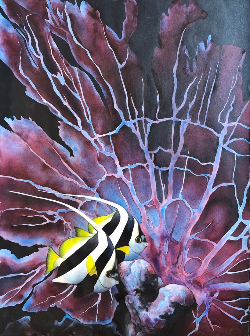 Mark MacQuiddy "Sea Fan" Signed Original Watercolor: Offered here is an original Watercolor on Paper by Mark MacQuiddy: "Mark MacQuiddy "Sea Fan" Signed Original Watercolor". This one-of-a-kind piece, measuring 30 x 22 x 1 inch, is a rare opportunity