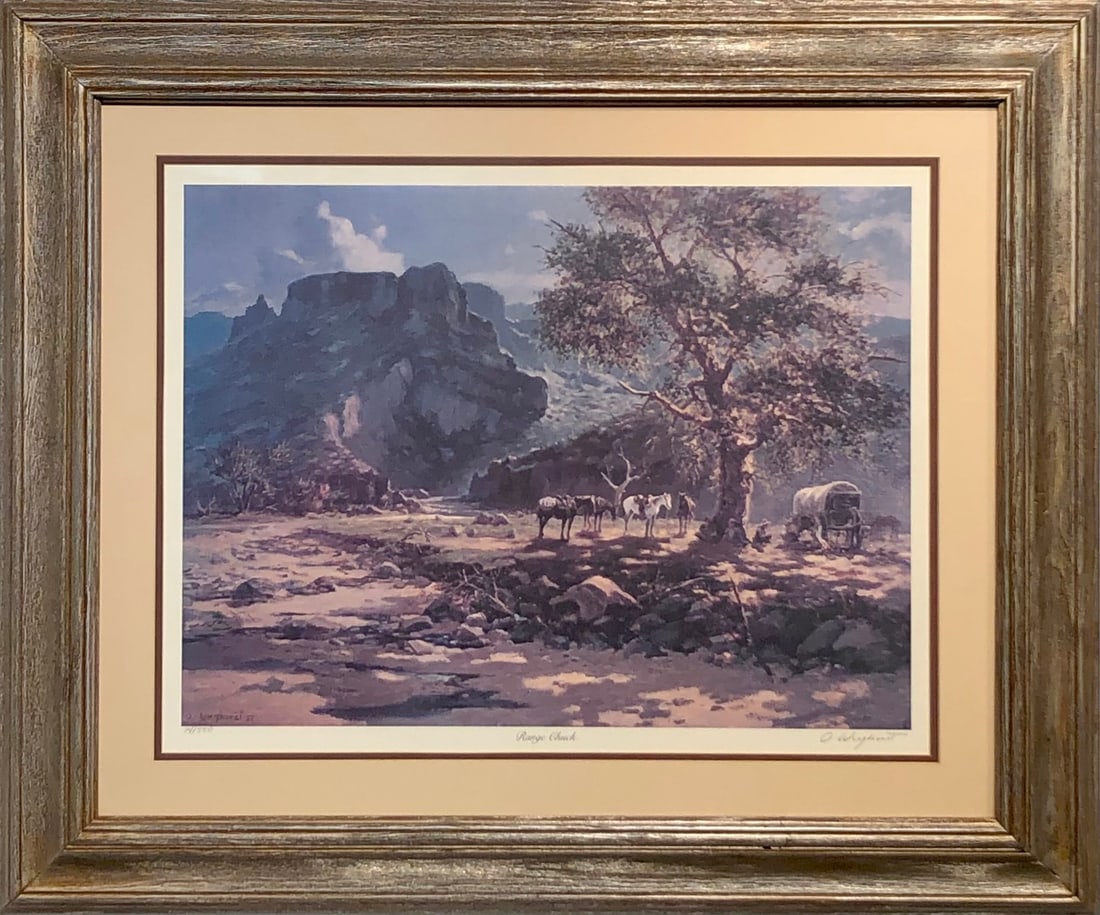 Olaf Wieghorst "Range Chuck" Signed Lithograph LE: Presenting a limited edition Lithograph on Paper by Olaf Wieghorst: "Olaf Wieghorst "Range Chuck" Signed Lithograph LE". This Lithograph on Paper (Edition: 74/550), measuring 26 x 31 x 2 inch, is a so