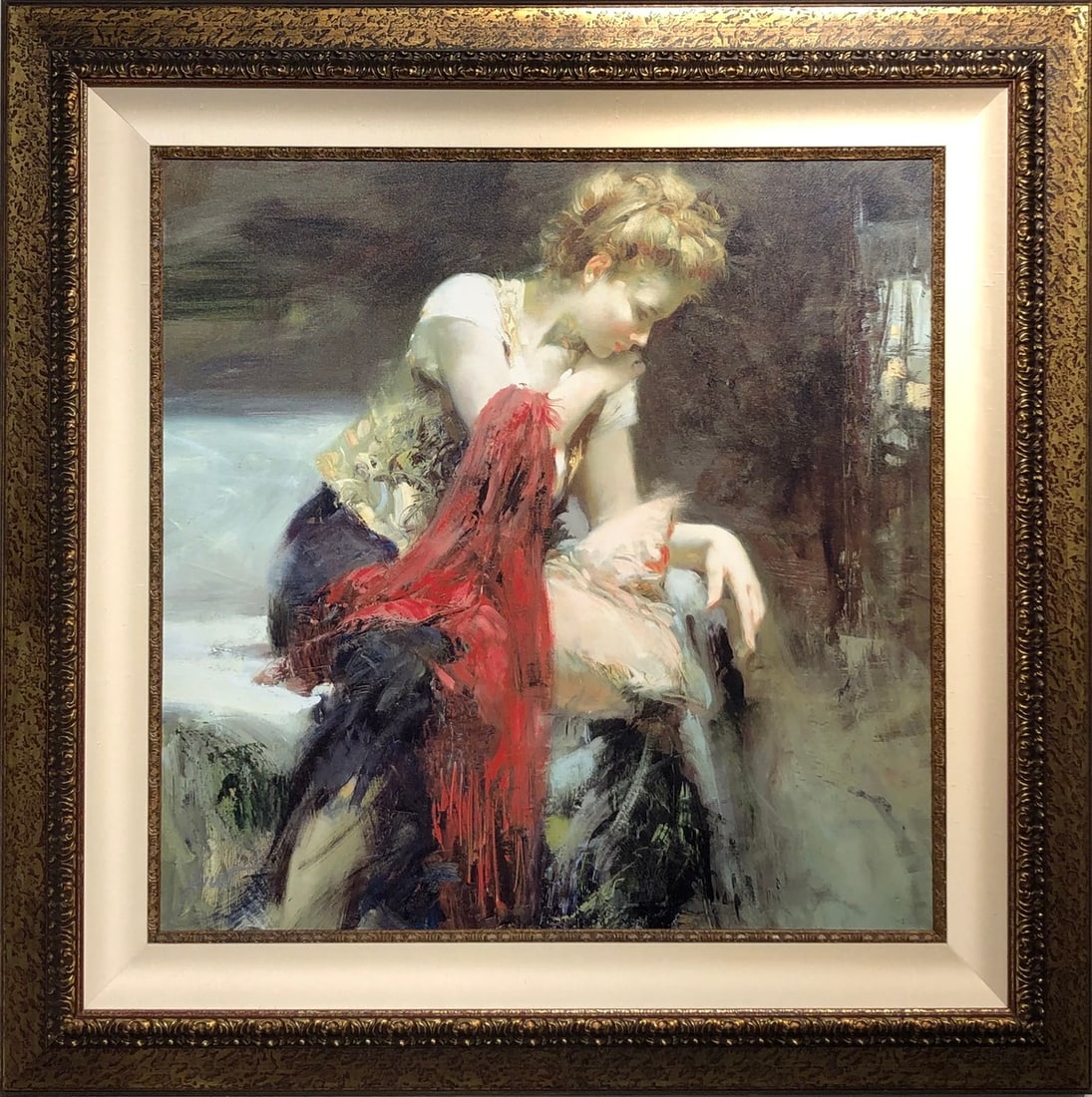 Pino Daeni "Anticipation" Signed Giclee LE: Presenting a limited edition Giclee on Canvas by Pino Daeni (Giuseppe Dangelico): "Pino Daeni "Anticipation" Signed Giclee LE". This Giclee on Canvas (Edition: 113/195), measuring 42 x 42 x 2 inch,