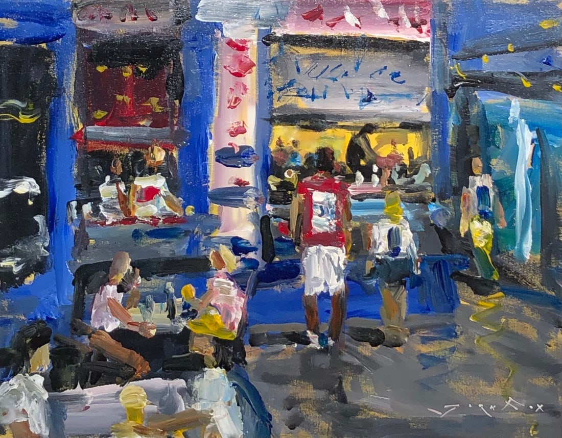 Jorn Fox (Street Restaurants in Paris) Signed Original Acrylic: Offered here is an original Acrylic on Canvas by Jorn Fox: "Jorn Fox (Street Restaurants in Paris) Signed Original Acrylic". This one-of-a-kind piece, measuring 22 x 28 x 2 inch, is a rare