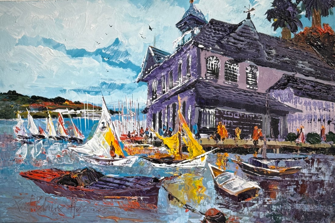 Paul Blaine Henrie "Balboa Pavilion Boat Race" Signed Original Acrylic: Offered here is an original Acrylic on Canvas by Paul Blaine Henrie: "Paul Blaine Henrie "Balboa Pavilion Boat Race" Signed Original Acrylic". This one-of-a-kind piece, measuring 24 x 36 x 1 inch, is 