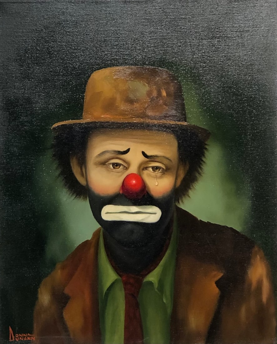 Donna Dunann "Weary Willie" (Emmett Kelly) Signed Original Oil: Offered here is an original Oil on Canvas by Donna Dunann: "Donna Dunann "Weary Willie" (Emmett Kelly) Signed Original Oil". This one-of-a-kind piece, measuring 20 x 16 x 2 inch, is a rare opportunity