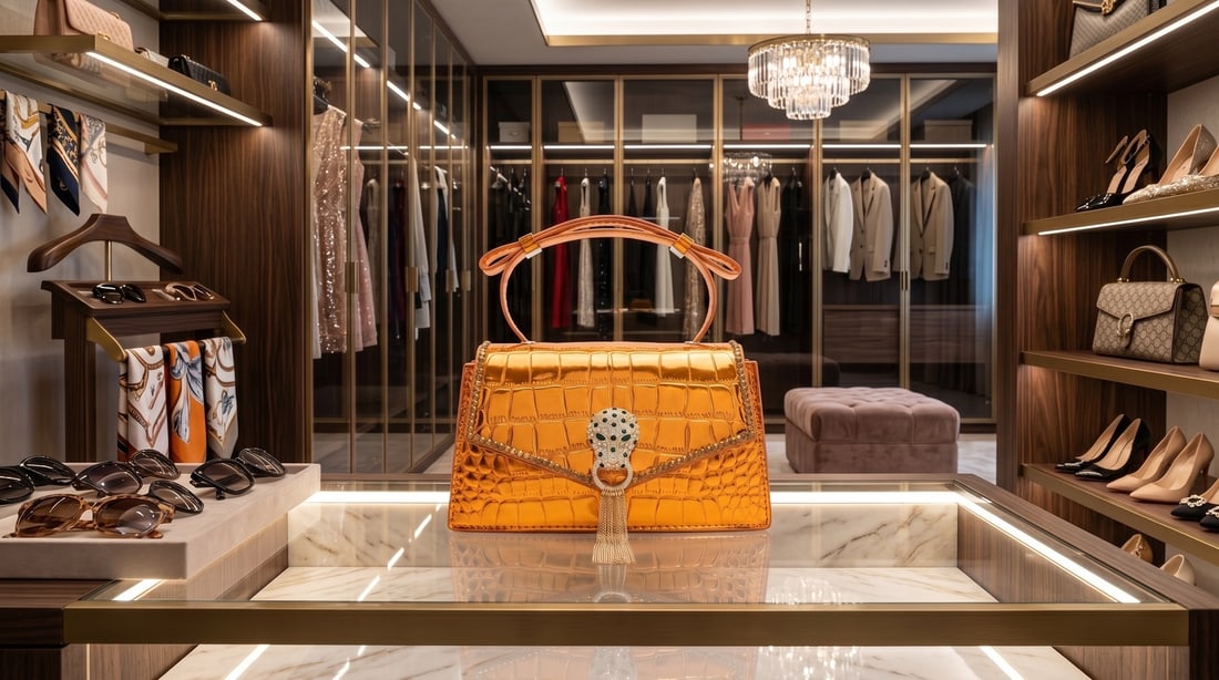 Mercedes Brunelli "Orange Metallic Wildcat Tassel" Crocodile Grain PU Leather Handle Bag: Presenting this Mercedes Brunelli work: "Mercedes Brunelli "Orange Metallic Wildcat Tassel" Crocodile Grain PU Leather Handle Bag". This piece, measuring 5 x 8 x 2.5 inch, is available at auction on L