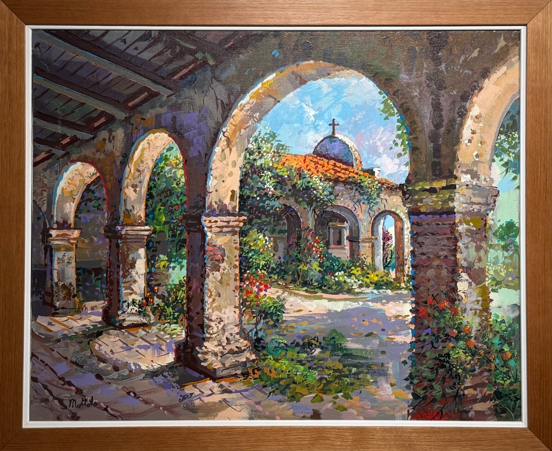 Filastro Mottola "San Juan Capistrano Mission" Original Oil on Canvas: Offered here is an original Original Oil on Canvas by Filastro Mottola: "Filastro Mottola "San Juan Capistrano Mission" Original Oil on Canvas". This one-of-a-kind piece, measuring 28 x 34 x 2 inch, i