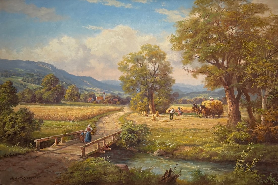 Anton Gutknecht (Untitled) Landscape Original Oil Farm Scene: Offered here is an original Original Oil on Canvas by Anton Gutknecht: "Anton Gutknecht (Untitled) Landscape Original Oil Farm Scene". This one-of-a-kind piece, measuring 24 x 36 x 1 inch, is a rare o