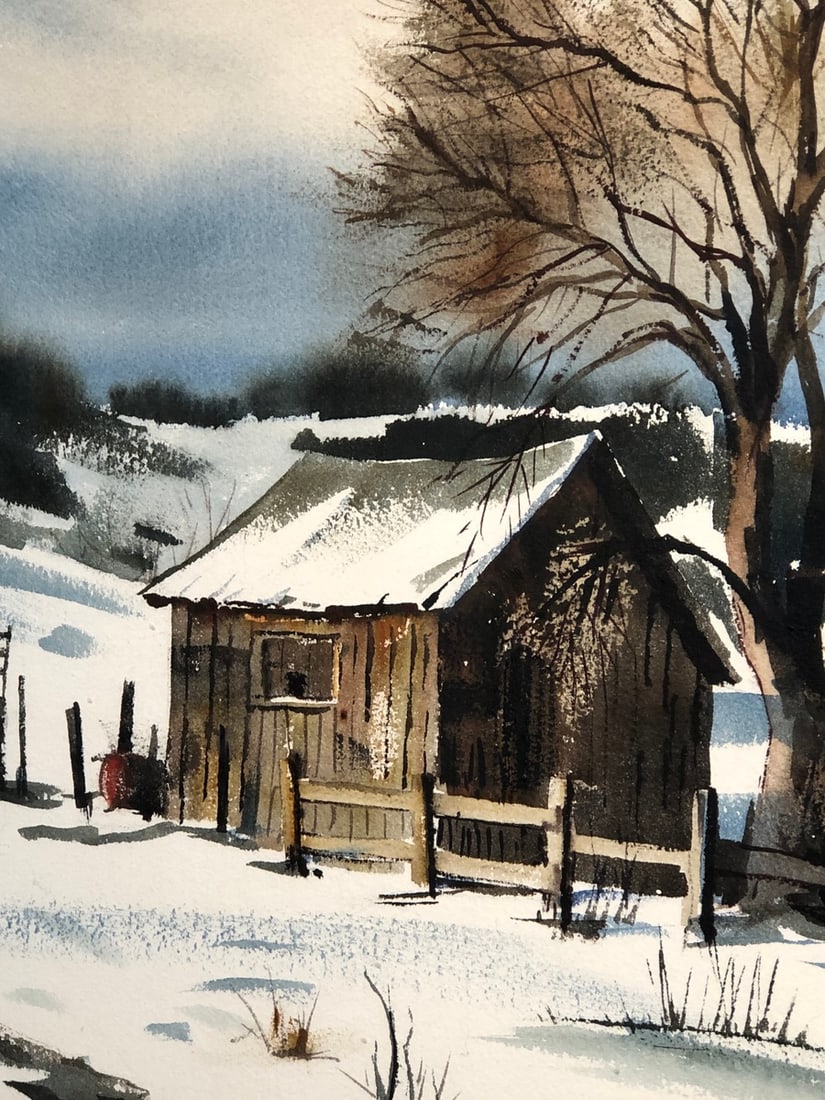 Ralph Baker (Impressionist - Cabin in the Snow) Signed Original Watercolor: Offered here is an original Watercolor on Paper by Ralph Baker: "Ralph Baker (Impressionist - Cabin in the Snow) Signed Original Watercolor". This one-of-a-kind piece, measuring 28 x 36 x 2 inch, is