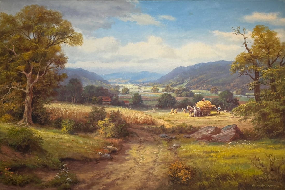 Anton Gutknecht (Untitled) Landscape Original Oil (Farm Scene): Offered here is an original Original Oil on Canvas by Anton Gutknecht: "Anton Gutknecht (Untitled) Landscape Original Oil (Farm Scene)". This one-of-a-kind piece, measuring 24 x 36 x 1 inch, is a rare