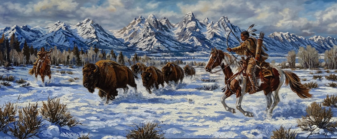 Michael Ibey "The Sacred Pursuit" Original Mixed Media: Offered here is an original Original Mixed Media on Canvas by Michael Ibey: "Michael Ibey "The Sacred Pursuit" Original Mixed Media". This one-of-a-kind piece, measuring 25 x 53 x 2 inch, is a rare