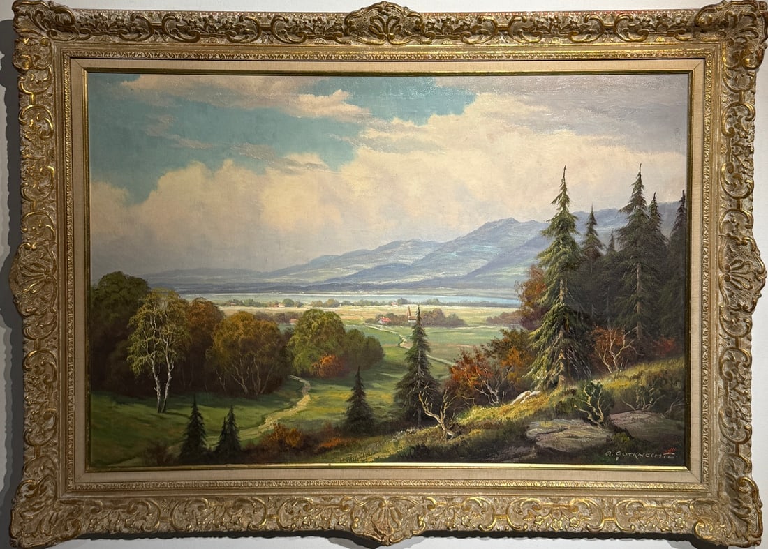 Anton Gutknecht "Untitled European Landscape" Original oil on canvas: Offered here is an original Original Oil on Canvas by Anton Gutknecht: "Anton Gutknecht "Untitled European Landscape" Original oil on canvas". This one-of-a-kind piece, measuring 32 x 43 x 3 inch, is 