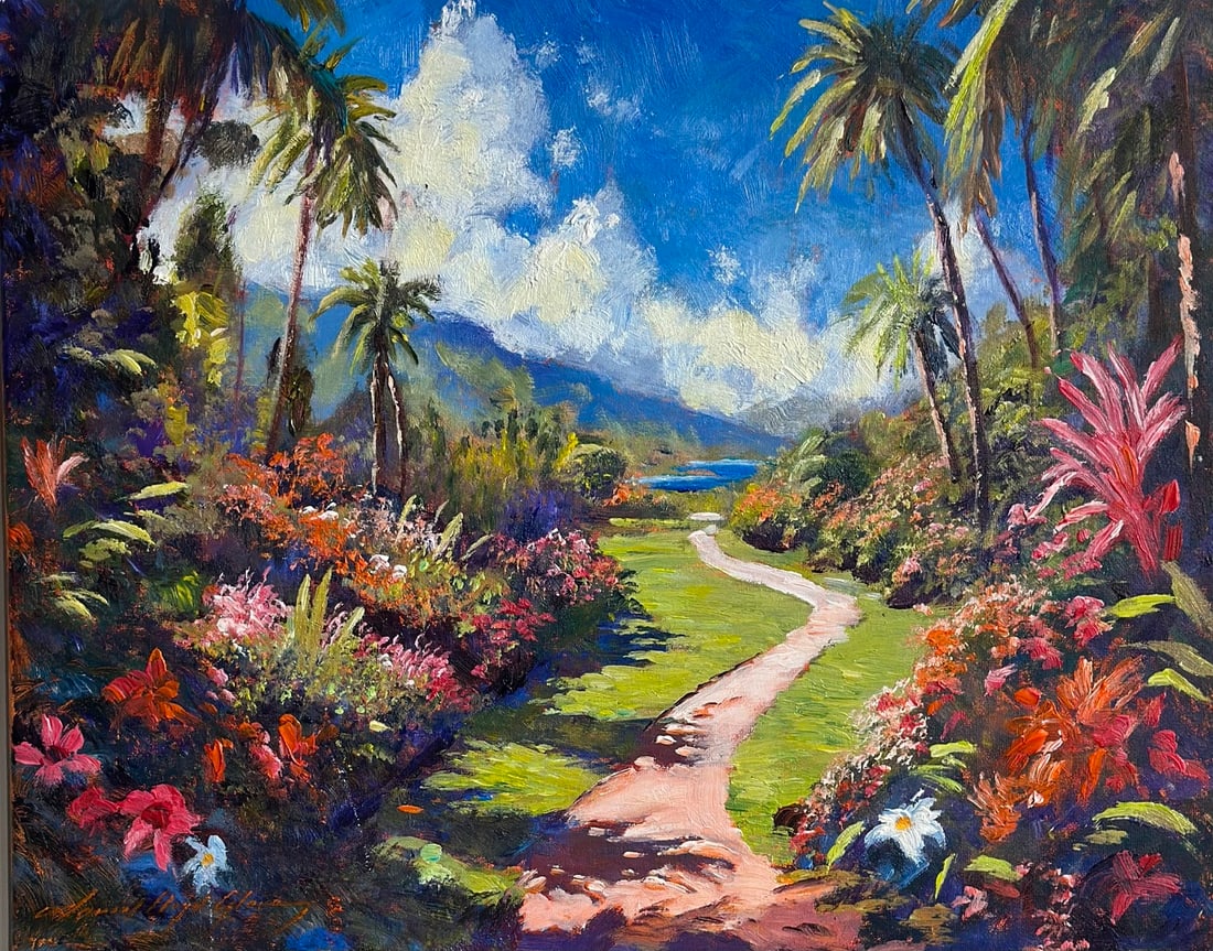 David Lloyd Glover "Garden Path at Polynesion Gardens" Signed Original Acrylic on Canvas: Offered here is an original Acrylic on Canvas by David Lloyd Glover: "David Lloyd Glover "Garden Path at Polynesion Gardens" Signed Original Acrylic on Canvas". This one-of-a-kind piece, measuring 16 