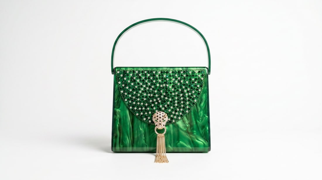 Mercedes Brunelli "Emerald Wildcat Tassel Bag" Acrylic Tassel bag: Offered here is an original work by Mercedes Brunelli: "Mercedes Brunelli "Emerald Wildcat Tassel Bag" Acrylic Tassel bag". This one-of-a-kind piece, measuring 4 x 7.5 x 6 inch, is a rare opportunity 