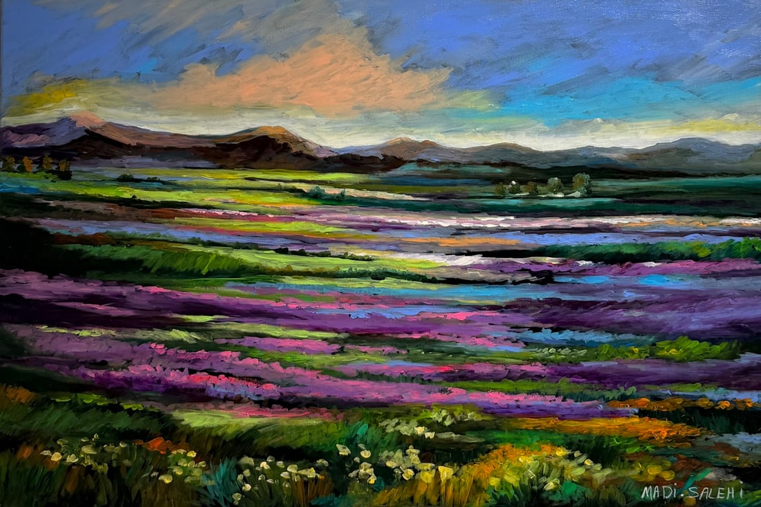 Madi Salehi (Untitled - Landscape) Signed Original Acrylic: Offered here is an original Acrylic on Canvas by Madi Salehi: "Madi Salehi (Untitled - Landscape) Signed Original Acrylic". This one-of-a-kind piece, measuring 24 x 36 x 1 inch, is a rare opportunity 