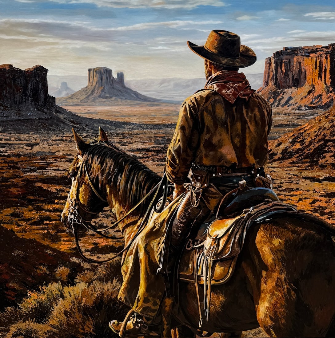 Michael Ibey "Where The Frontier Calls" Original Mixed Media on Canvas: Offered here is an original Original Mixed Media on Canvas by Michael Ibey: "Michael Ibey "Where The Frontier Calls" Original Mixed Media on Canvas". This one-of-a-kind piece, measuring 45 x 45 x 2 in