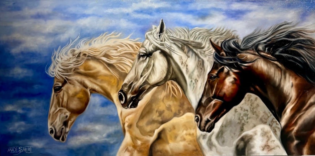 Madi Salehi (Signed) - Untitled Equestrian Composition, Original Acrylic on Canvas: Offered here is an original Original Acrylic on Canvas by Madi Salehi: "Madi Salehi (Signed) - Untitled Equestrian Composition, Original Acrylic on Canvas". This one-of-a-kind piece, measuring 24 x 48