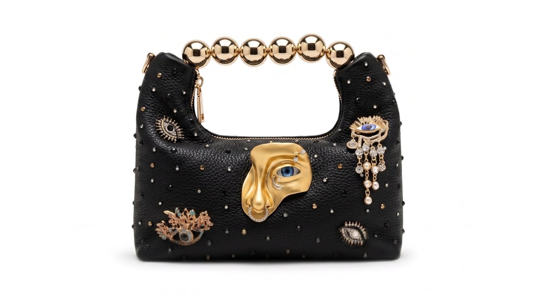 Mercedes Brunelli "All Eyes" Lambskin Gold Ball Handle Bag: Presenting this Mercedes Brunelli work: "Mercedes Brunelli "All Eyes" Lambskin Gold Ball Handle Bag". This piece, measuring 7 x 7 x 5.2 inch, is available at auction on LiveAuctioneers. Artist: