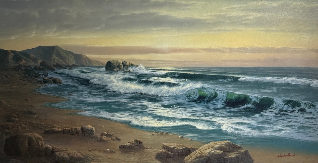 Stephen Mirich "The Sun Rises On A Rocky Coast" Signed Original Oil: Offered here is an original Oil on Canvas by Stephen Mirich: "Stephen Mirich "The Sun Rises On A Rocky Coast" Signed Original Oil". This one-of-a-kind piece, measuring 24 x 48 x 1 inch, is a rare