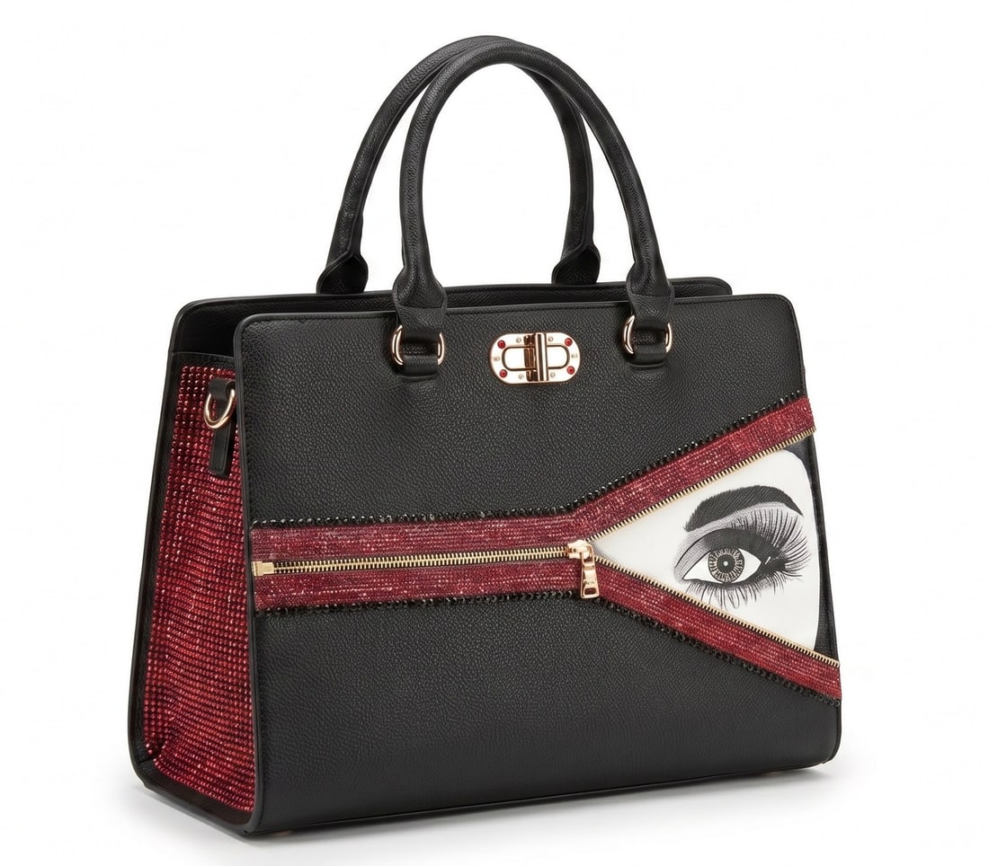 Mercedes Brunelli "Unzipped" Tote Crossbody Shoulder Bag, Hand Painted Eye Embellished with: Presenting this Mercedes Brunelli work: "Mercedes Brunelli "Unzipped" Tote Crossbody Shoulder Bag, Hand Painted Eye Embellished with Swarovski Crystal Zipper". This piece, measuring 10 x 14.2 x 6 inch