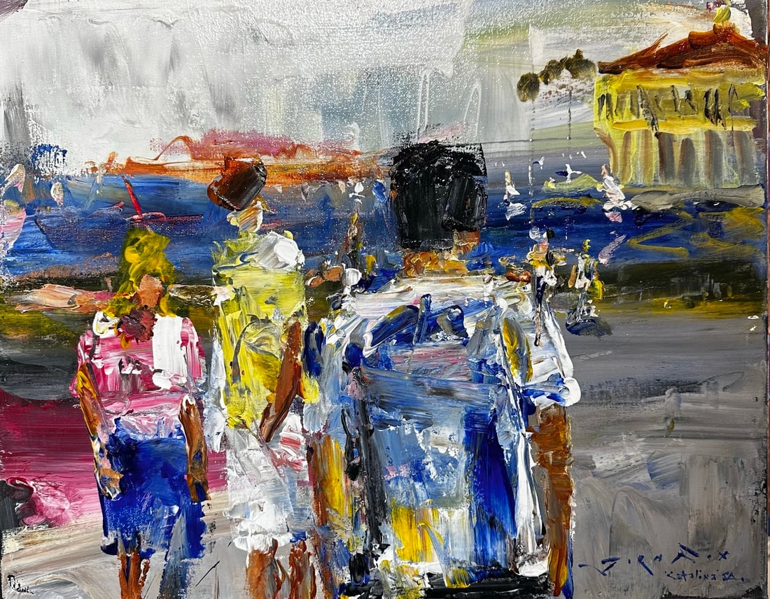 Jorn Fox "Catalina Casino Walk" Impressionist Signed Oil and Acrylic on Canvas: Offered here is an original Acrylic on Canvas by Jorn Fox: "Jorn Fox "Catalina Casino Walk" Impressionist Signed Oil and Acrylic on Canvas". This one-of-a-kind piece, measuring 16 x 20 inch, is a rare