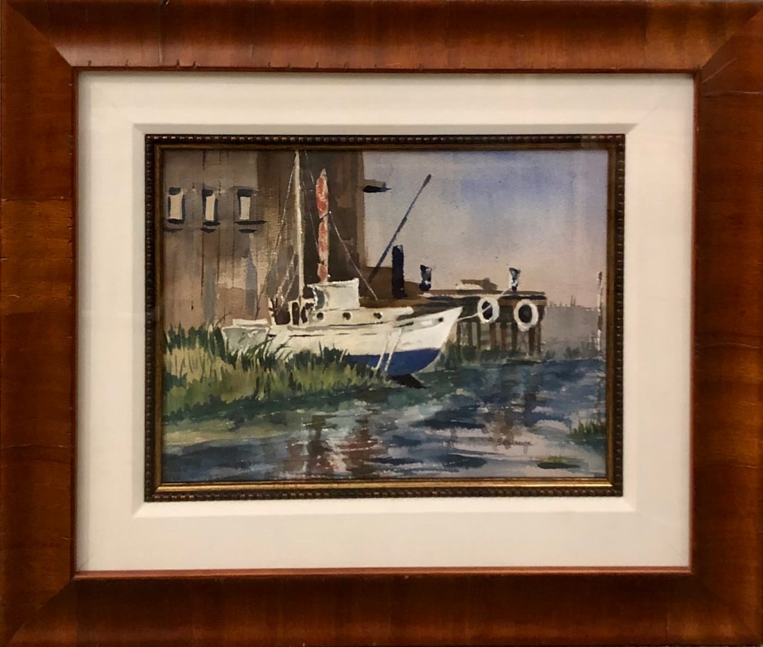 P. Bernson Boat Docked in Harbor Watercolor Signed: Offered here is an original Original Watercolor on Paper by P. Bernson: "P. Bernson Boat Docked in Harbor Watercolor Signed". This one-of-a-kind piece, measuring 19 x 22 x 2 inch, is a rare