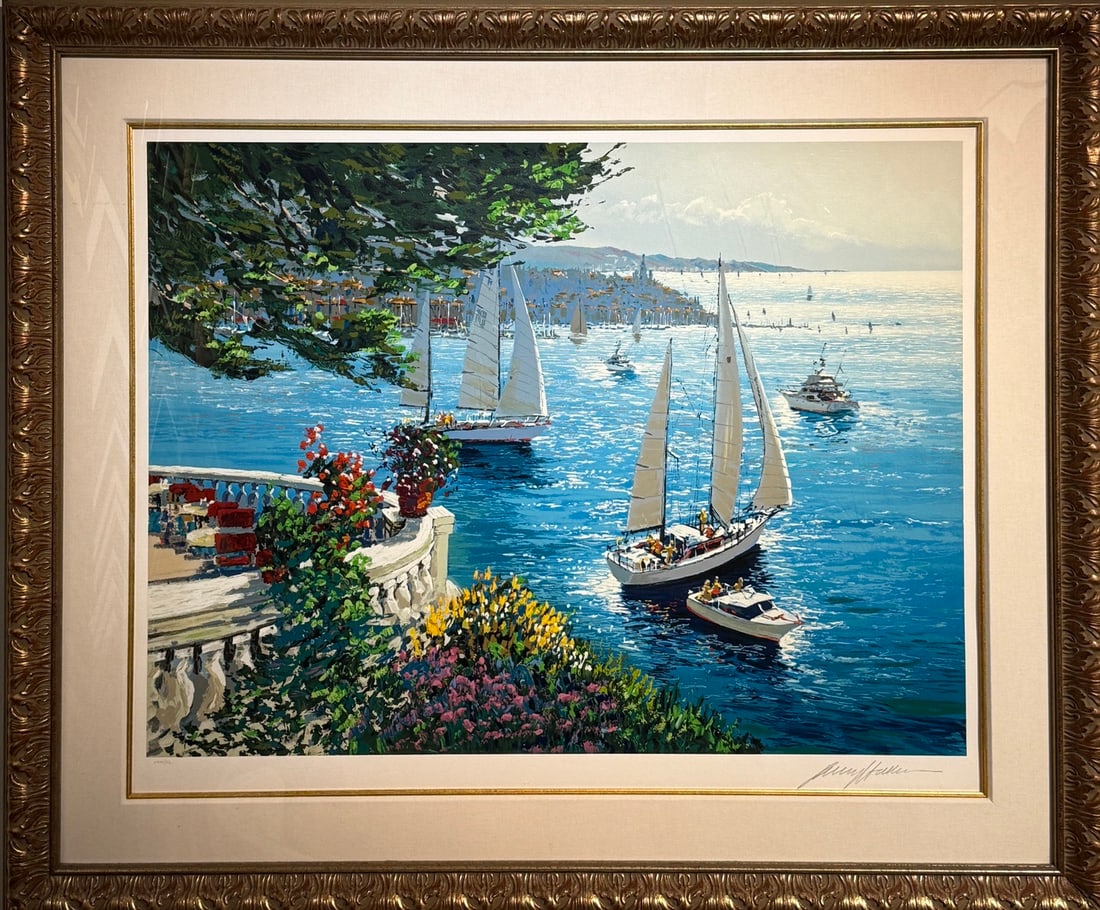 Kerry Hallam "Riviera Terrace" S/N Serigraph LE: Presenting a limited edition Serigraph on Paper by Kerry Hallam: "Kerry Hallam "Riviera Terrace" S/N Serigraph LE". This Serigraph on Paper (Edition: 122/150), measuring 41 x 49 x 3 inch, is a