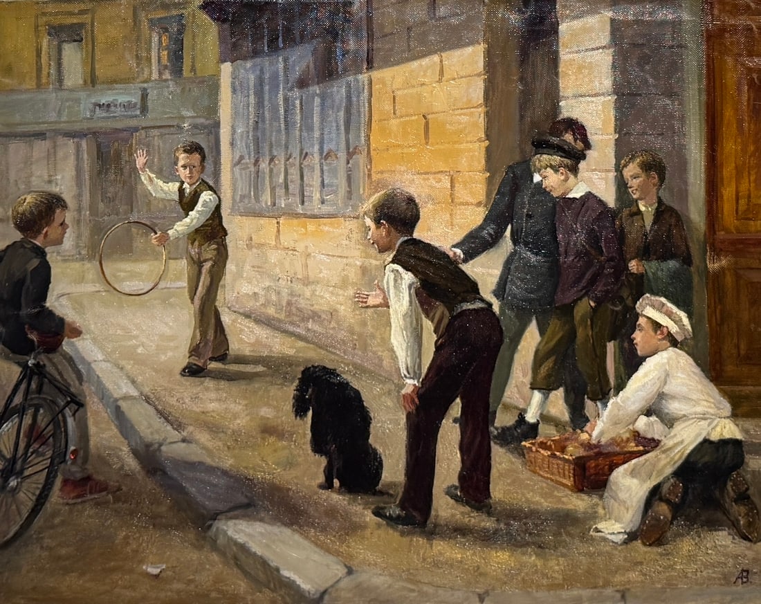 Anatoly Belokonny (Untitled) Original Oil Boys Playing In Street w/Dog: Offered here is an original Original Oil on Canvas by Anatoly Belokonny: "Anatoly Belokonny (Untitled) Original Oil Boys Playing In Street w/Dog". This one-of-a-kind piece, measuring 28 x 36 x 1