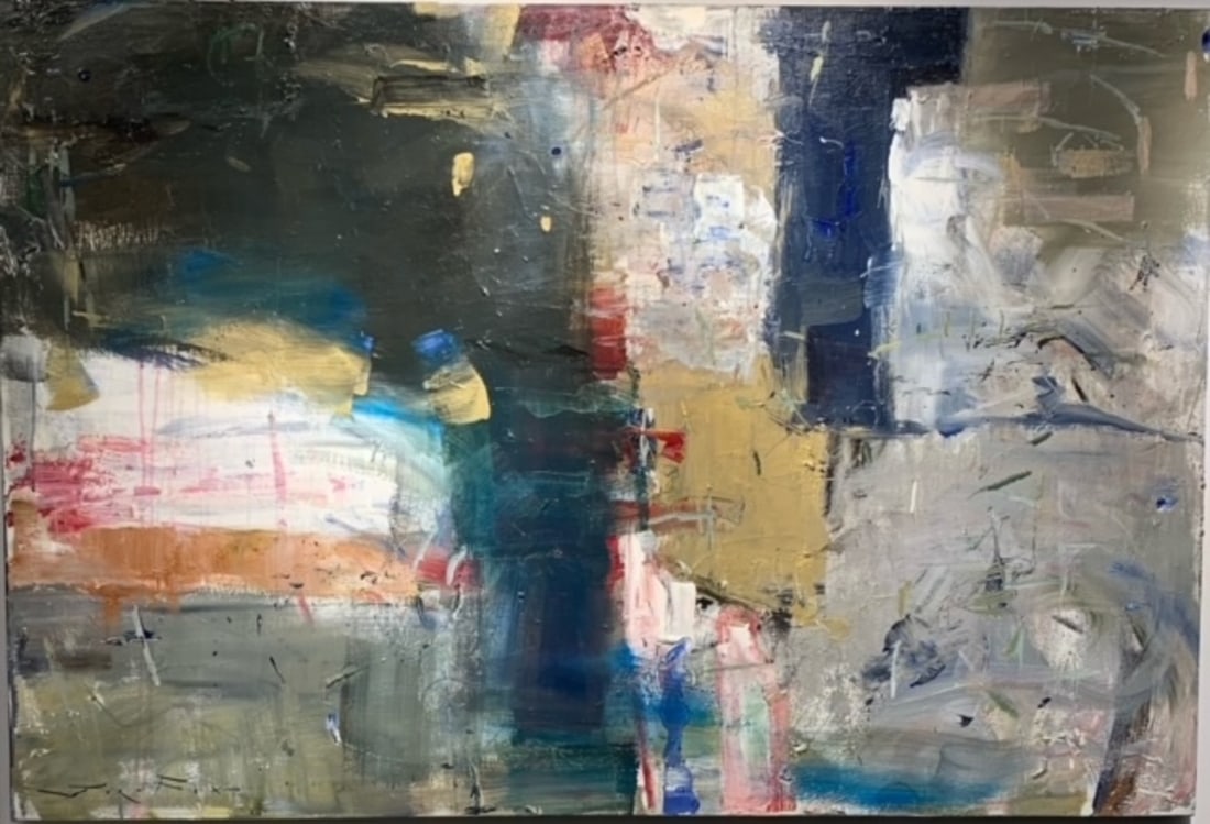 Jorn Fox Abstract Signed Original Oil and Acrylic: Offered here is an original Original Oil and Acrylic on Canvas with 1 1/2" Museum Bar by Jorn Fox: "Jorn Fox Abstract Signed Original Oil and Acrylic". This one-of-a-kind piece, measuring 40 x 60 x 2