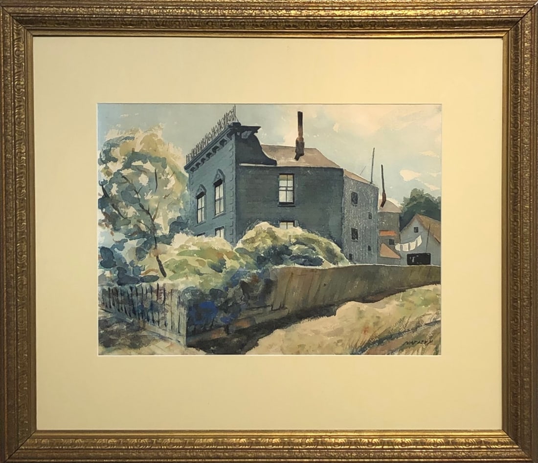 Nat Levy (Impressionist - Old Corner House) Signed Original Watercolor w/Vintage Frame: Offered here is an original Watercolor on Paper by Nat Levy: "Nat Levy (Impressionist - Old Corner House) Signed Original Watercolor w/Vintage Frame". This one-of-a-kind piece, measuring 26 x 30 x 2