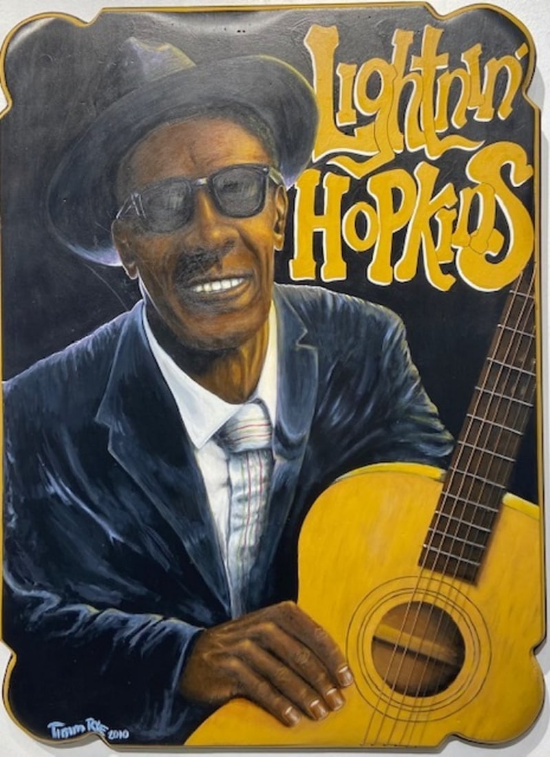 Folk Art - Timm Rye "Lightnin Hopkins" Signed Original: Offered here is an original Acrylic on Wood by Timm Rye: "Folk Art - Timm Rye "Lightnin Hopkins" Signed Original". This one-of-a-kind piece, measuring 29 x 21 x 2 inch, is a rare opportunity for