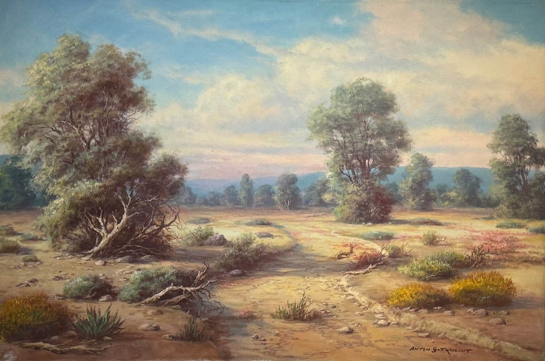 Anton Gutknecht (Untitled) Landscape Original Oil: Offered here is an original Original Oil on Canvas by Anton Gutknecht: "Anton Gutknecht (Untitled) Landscape Original Oil". This one-of-a-kind piece, measuring 24 x 36 x 1 inch, is a rare opportunity 