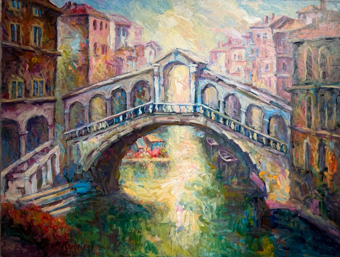 Manfred Kuhnert "Rialto Bridge" Signed Original Oil: Offered here is an original Oil on Canvas by Manfred Kuhnert: "Manfred Kuhnert "Rialto Bridge" Signed Original Oil". This one-of-a-kind piece, measuring 36 x 48 x 1 inch, is a rare opportunity for